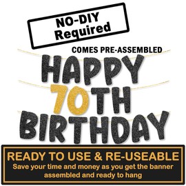 TOYVENTURES 70th Birthday Banner pre strung - NO DIY - Gold Glitter 70th Birthday Decorations for Women & Men, Party Banner - Party Decor Sign Funny Party Supplies, Did we mention NO DIY?