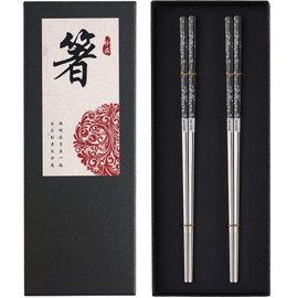 Metal Chopsticks Reusable Titanium Plated 18/8 Stainless Steel Chopsticks Dishwasher Safe Premium Non-Slip Laser Engraved Chop Sticks Korean Japanese Chinese Chopsticks 2 Pairs Gift Set Black Silver
