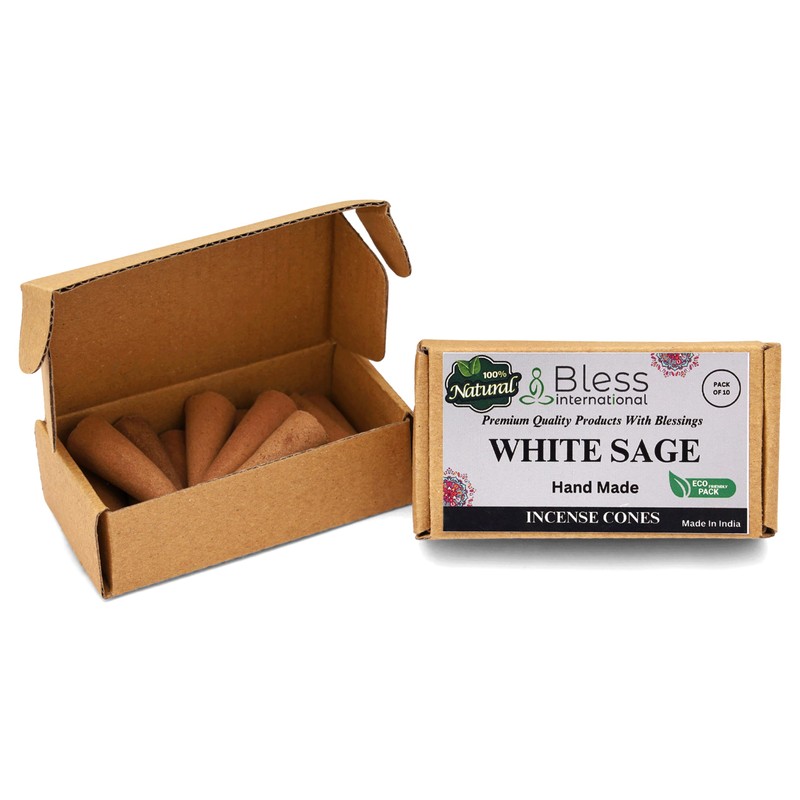 Bless-International White Sage 100%-Natural-Incense-Cones Handmade-Hand-Dipped Organic-Chemicals-Free for-Purification-Relaxation-Positivity-Yoga-Meditation The-Best-scents (10 Count)