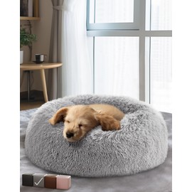 OhGeni Calming Donut Dog and Cat Bed, 23 inch Waterproof, Zipper Cover, Plush Polyester, Soothing Support for Muscle Pain, Machine Washable, Cuddling Design for Sound Sleep, Medium Pet Bed(Gray)