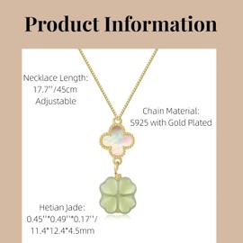 LOOYUUPEE Green Natural Jade Necklace, Four Leaf Clover Jade Pendant for Women, Jade Jewelry for Women Lucky Gifts for Girls Women (925 Sterling Silver with Gold Plated)