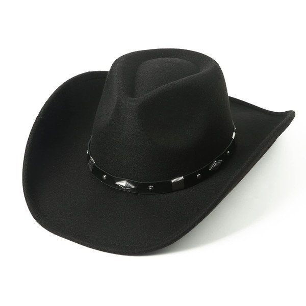 Lanzom Women Men Classic Felt Wide Brim Western Cowboy Cowgirl Hat with Belt Buckle Fit Size 6 8/7-7 1/4 (Black, Large)