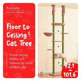 Furcato Cat Tree, Floor to Ceiling Cat Tower Adjustable Height [92-102 Inches=234-258cm], 7 Tiers Cat Climbing Tree with Hammock,Platforms and Sisal-Covered Scratching Posts for Indoor Cats,Beige