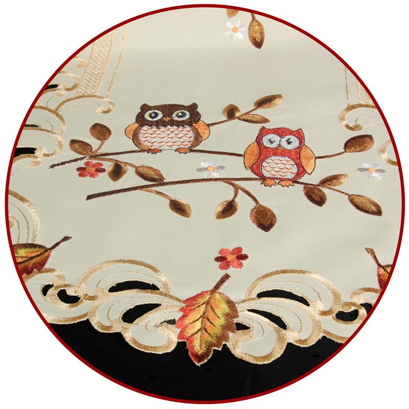 Owl Table Runner Tablecloth Linen Look Cream Beige Autumn Leaf