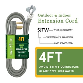 GREATIDE 3 Prong Dryer Cord, 4 ft 10/3 SRDT, 30Amp Appliance Extension Power Cord, NEMA 10-30, Grey