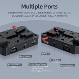 CaTeFo V Mount Battery Adapter Plate, Power Supply Splitter with USB-C PD 65W Quick Charger, QC3.0 USB-A D-TAP 8V 12V DC Output for Sony Canon DSLR Camera Mini Size VM06
