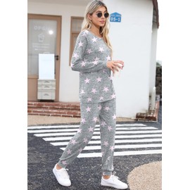 PrinStory Womens Pajama Set Long Sleeve Tops And Pajama Bottoms For Women With Pockets Sleepwear Nightwear Soft Pjs Lounge Sets (Pink Star, M)