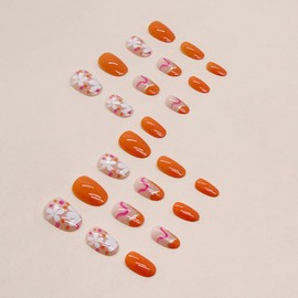 Short Press on Almond, Cute White Flower Fake Nails Press on Spring Summer Glossy Nail Tips Full Cover False Nails with Flower Design Glue on Nails Kit Nail Art Supply for Women Girls 24PCS