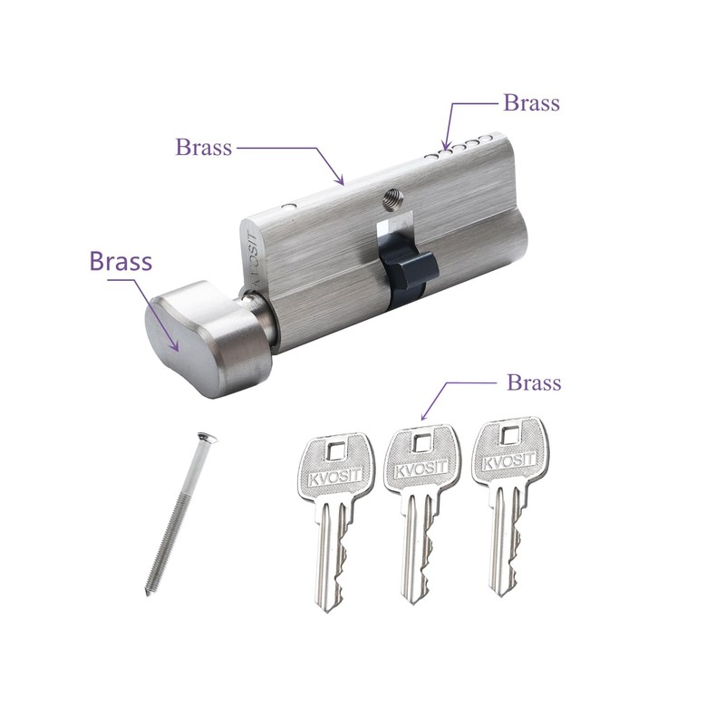 60MM Solid Brass Lock Cylinder with 3 Brass Keys Satin