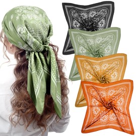 Syhood 4 Pcs 27'' Square Satin Head Scarves Satin Bandanas for Women Satin Headband Scarves Silk Feeling Scarf Boho Headwear(Light Green, Orange, Black, Ginger)