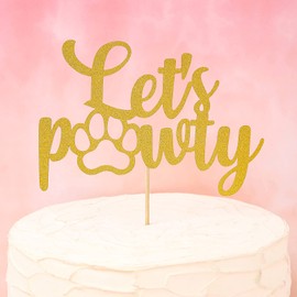 Decoración para tarta de cumpleaños con diseño de perro con texto en inglés "Let's Pawty" para cachorros y niñas, decoración de tartas de cumpleaños, decoración de tartas con purpurina dorada, temática de perro de cumpleaños