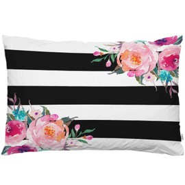 EKOBLA Throw Pillow Cover Floral Peony Rose Black White Stripes Little Wildflowers Spring Summer Leaves Natural Decor Lumbar Pillow Case Cushion for Sofa Couch Bed Standard Queen Size 20x30 Inch