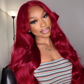 Realloves 99j Dark Burgundy Body Wave Human Hair 3 Bundles with 4x4 HD lace closure Free Part Brazilian Remy Hair Wine Red Colored Wavy Bundles and Closure 20 22 24+20 Inch for Women