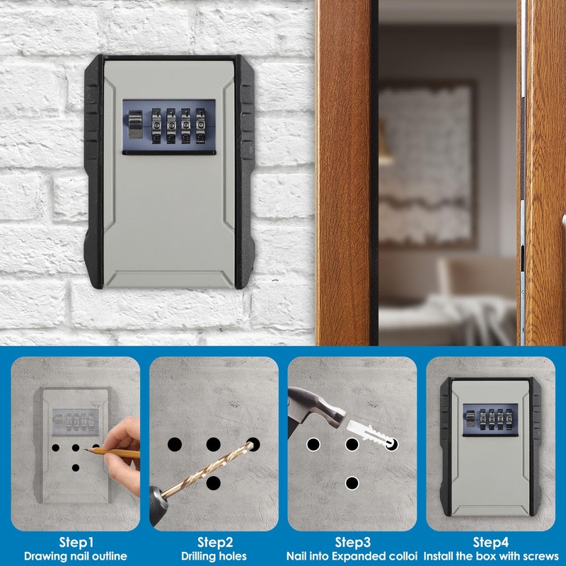 Key Safe Wall Mounted, Key Lock Box Outdoor, 4 Digit