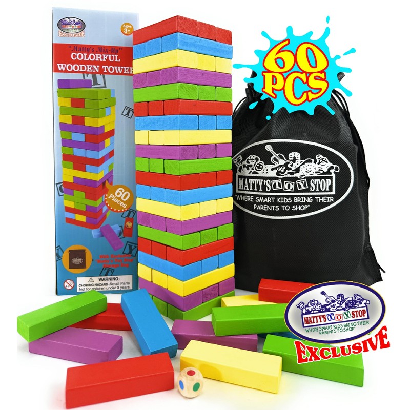 Matty's Mix-Up 60pc Large Colorful Wooden Tumble Tower Deluxe Stacking