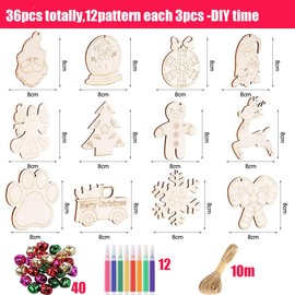 HBell 36pcs Christmas Wooden Ornaments Set Wooden Baubles with Holes,Unfinished Wooden Slices with Twine Colorful Bells Watercolor Pens for Kids DIY Crafts Christmas Hanging Decoration Xmas Gift