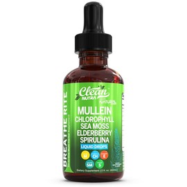 Clean Nutra Breathe Rite Organic Mullein Liquid Drops with Chlorophyll for Lung Detox Plus Irish Sea Moss Spirulina Licorice Tart Cherry Lobelia Motherwort Elderberry:_1 Bottle