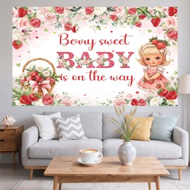 7X5ft Berry Sweet Baby Shower Backdrop Pink Strawberry Floral Princess Theme Photography Background Banner for Gender Reveal Party Decorations, Cute Nursery Party Supplies, Indoor Studio Photo Props