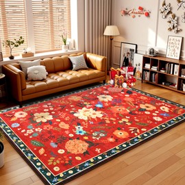 Terrug Floral Washable Area Rug for Bedroom, 3x5 Red Christmas Rug Boho Ultra-Thin Rugs for Entryway, Soft Non Slip Carpet Vintage Rug for Living Room, Kitchen, College Dorm, Dining Room, Nursery