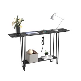 VECELO 55.1" Couch Side & Console Table with 2 Outlets, 2 USB Ports and Extra Long 9.8 Feet Power Code, for Sofa Side, Entryway, Living Room, Furnitures with Sturdy Metal Frame, Large Shelf, Grey