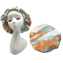 AMOR Silky Satin Bonnet for Women Hair Care, Double Layer Silky Satin Night Hair Wrap with Wide Elastic for Frizzy Hair Protection (Orange-Sea Green)