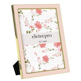 eletecpro 5x7 Enamel Picture Frame with Real Glass Cover, 1 Pack Pink Photo Frame with Gold Metal Edge, Horizontal and Vertical Display Pictures 5x7 for Tabletop, Bookshelf, Wall Decor