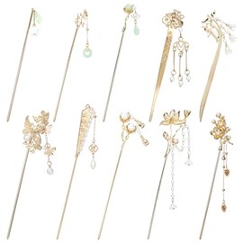 Lawie 10 Pack Retro Gold Metal Long Hair Sticks Pins with Pearl Jade Dangles Tassels Pendants Chinese Hanfu Asian Flower Butterfly Hair Chopsticks Hai