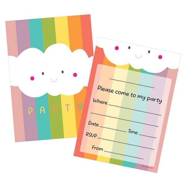 12 x Rainbow Birthday Party Invitations includes Rainbow Envelope Seals, Thank You for Coming to my Party" Stickers and Kraft Envelopes