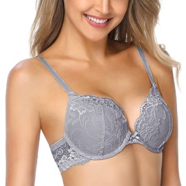 Wingslove Women's Push-Up Bra with Floral Lace, Padded, Underwired, Comfort Bra, gray