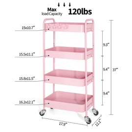 TOOLF 4-Tier Metal Rolling Cart with Wheels, Storage Utility Organizer Cart for Kitchen, Bathroom, Office, Baby Essentials & Makeup - Lockable Casters, Easy Assembly, 132 lbs Capacity, Pink