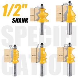 Newdeli Architectural Molding Router Bit Set 5 PCS 1/2-Inch Shank, Corner Rounding Edge-Forming Roundover Beading Router Bit Set, Woodworking Milling Cutter Tools, Carbide Cutter CNC Router