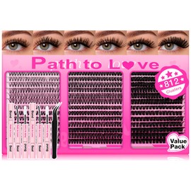 Individual Eyelashes 812pcs Cluster Lashes Kit with 2 Set of Bond,Seal and Tweezers,DIY Eyelash Extensions 9-16mm D Curl,30D+40D+50D+60D+80D+100D Natural Wispy Soft False Lashes,for Beginners at Home