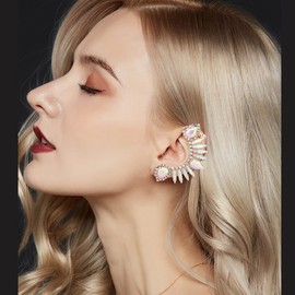 Delicate Climber Ear Cuff Earrings Cubic Zirconia Rhinestone Cartilage Clip on Crawler Piercing Statement Studs Earring Fashion Jewelry Gifts for Women Bride Wedding (AB Color)