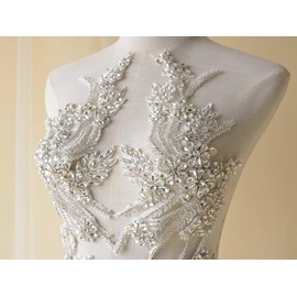 Sparkling Rhinestone Applique Handmade Heavy Beads Motif Diamante Crystal Lace Patch Craft DIY Sewing on Bridal Wedding Dress