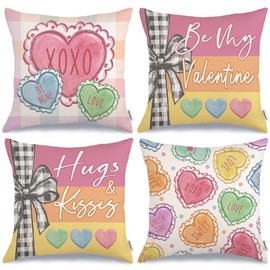 GEEORY Valentine's Day Throw Pillow Covers 18x18 Inch Set of 4, Be My Valentine Hearts Hugs Kisses Love XOXO Sweet Decorative Farmhouse Holiday Cushion Case for Home Decoration G643-18
