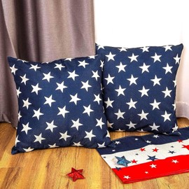 4th of July Throw Pillow Covers Set of 2 20x20 Patriotic Blue Stars Outdoor Waterproof Pillowcase American Memorial Independence Day Pillow Cases Linen Farmhouse for Sofa Couch Bed (20" x 20", Blue)