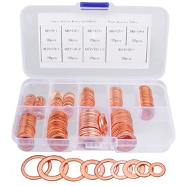 Mesee Pack of 200 Copper Washers, Copper Sealing Rings Assortment Kit, Flat Copper Washer, Washers Kit, for Screws Fasteners, Hydraulic Systems etc, M5 M6 M8 M10 M12 M14