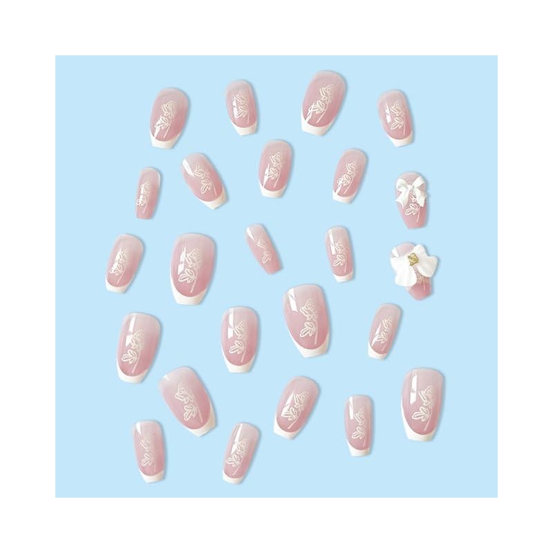 24pcs Coffin False Nail White 3D Bowknot Decor Nail with