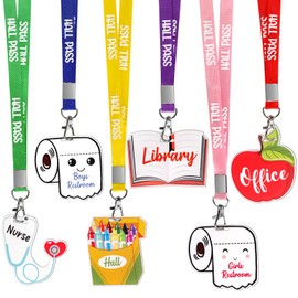 6 Pcs Acrylic Hall Pass Lanyards Unbreakable School Passes Set for Cute Classrooms Hall, Restroom, Library, Office and Nurse School Students Teacher Supplies
