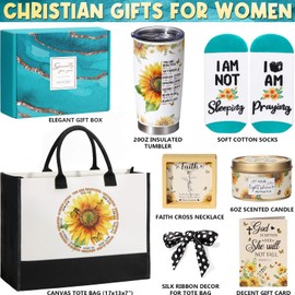 Christian Gifts for Women Faith, Sunflower Inspirational Religious Gifts for Women, Catholic Spiritual Gifts, Birthday Christmas Gifts for Women Mom Sister Best Friends Coworker Grandma with Tote Bag