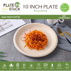 100% Compostable Disposable Paper Plates [125-Pack] - (PFAS-Free) - (BPI Certified) - [10 Inch] Heavy Duty, Eco-Friendly, Biodegradable Bagasse Dinner Plates - Natural Brown 10" Plate by Plate'O'Stack