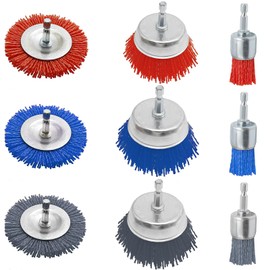 9Pcs Nylon Filament Abrasive Wire Brush Wheel & Cup Brush Set with 1/4 Inch Hex Shank 3 Sizes and Color Nylon Drill Brush Set Remove Rust, Corrosion, Paint, 80 Grit, 120 Grit, 240 Grit