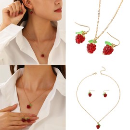 EINCORN Raspberry Charm Jewelry Set for Women Fashionable Alloy Necklace and Earrings Fruit Theme Accessories for Daily Wear