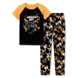 Beezizac 2-Piece Cozy Pajamas For Big Boys Yellow Gamer Short Sleeves & Pants Cool PJ Set Kid Size 10