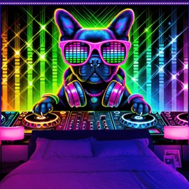 BlissYard Dog Blacklight DJ Tapestry 78x59 inch Bulldog Tapestry UV Reactive Black Light Music Glow in The Dark Poster Hippie Wall UV for Bedroom Decoration Living Room Artwork Room Backdrop