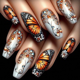 Flower Press on Nails with Diamond Long Coffin False Nails with Glue Fake Nails with Rhinestones Ballet Press on Nails Floral French Tip Nails Square Press on Nails Long Fake Nails with 3D Flowers