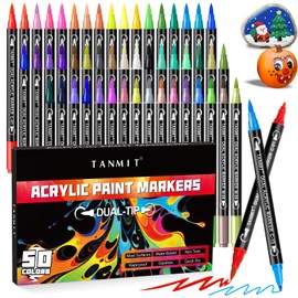 50 Colors Acrylic Paint Markers, Dual Tip Acrylic Paint Pens with Fine Tip and Brush Tip for Rock Painting, Ceramic, Wood, Plastic, Calligraphy, Scrapbooking, Brush Lettering, Card Making, DIY Crafts