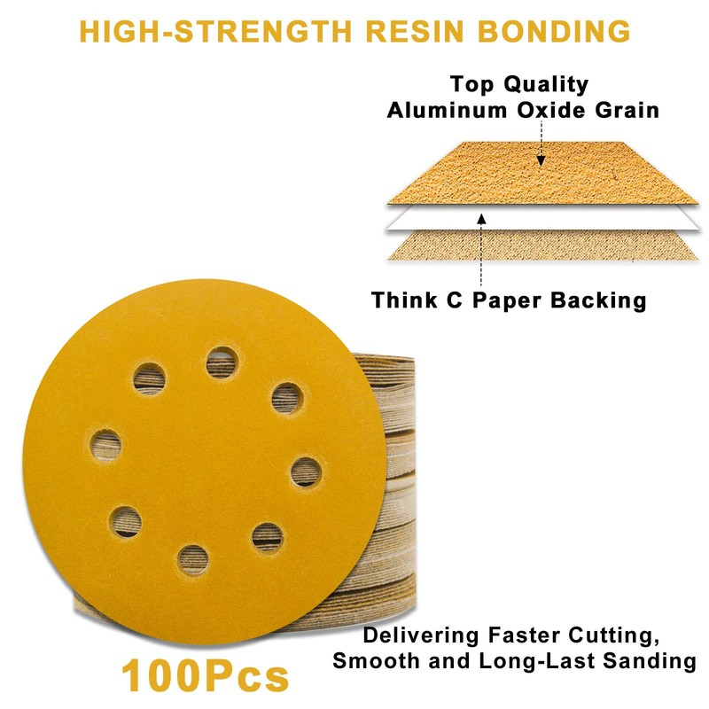 100 Pcs 125mm Sanding Discs Pads, Premium 8 Hole 120