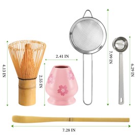 YIBO Matcha Whisk Set, Matcha Making Kit Bamboo Whisk (Chasen), Pink Printing Ceramic Whisk Holder Stand, Sifter, Scoop Japanese Tea Tools For Ceremony Gift