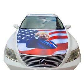 Trump Flag Car Hood Cover Smiling 2024 MAGA Slip-On Washable Elastic Weatherproof Fabric, Non-Adhesive Banner 3.5 x 5 Ft Fits Most Cars USA SHIP